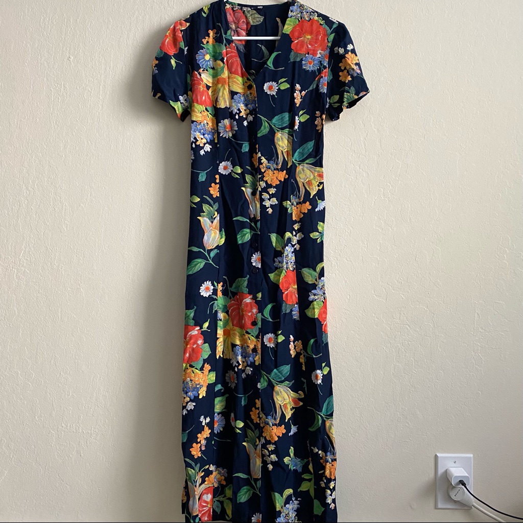 Vintage Maxi Floral Dress In Navy